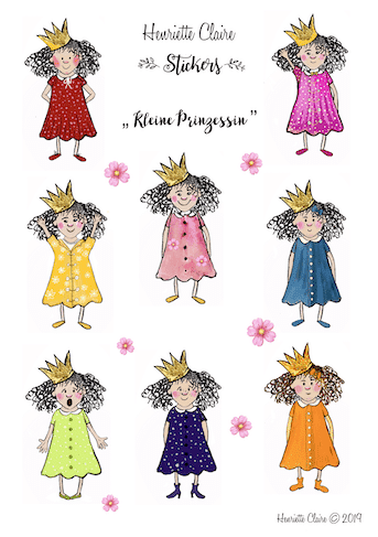 Handgemalte Aquarell Sticker Prinzessinnen in verschiedenen Farben von Henriette Claire Papeterie – Aufkleber für Kinder, Journaling und kreative Projekte.