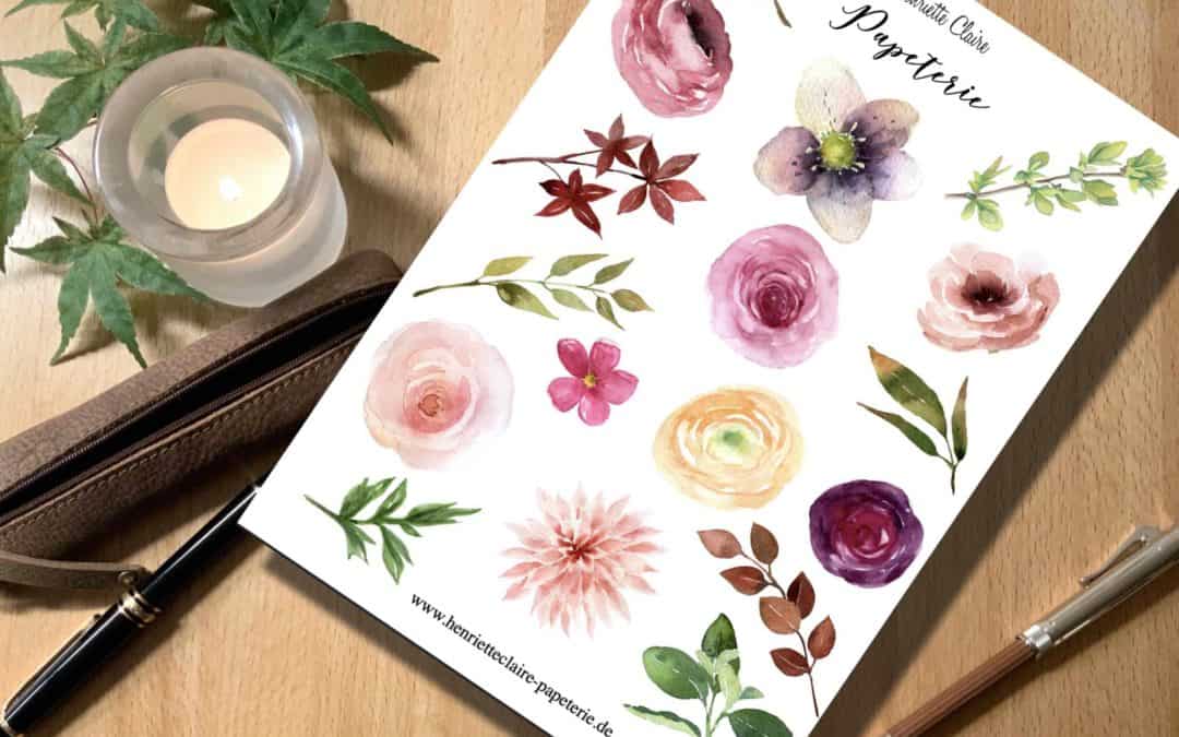 Aufkleber Aquarell Ranunkeln rose Blätter