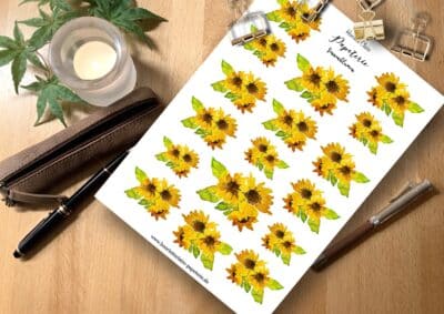 Handgemalte Sonnenblumen Aufkleber in Aquarell von Henriette Claire Papeterie – Stickerbogen für Bullet Journal, Planer und Papeterie